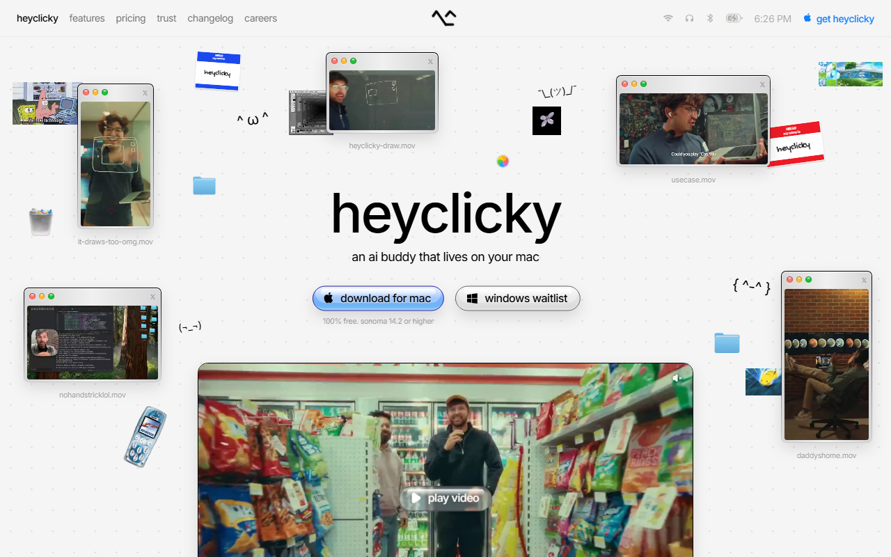 HeyClicky homepage showing the download for mac button, a windows waitlist button and demo clips scattered across a mock macOS desktop