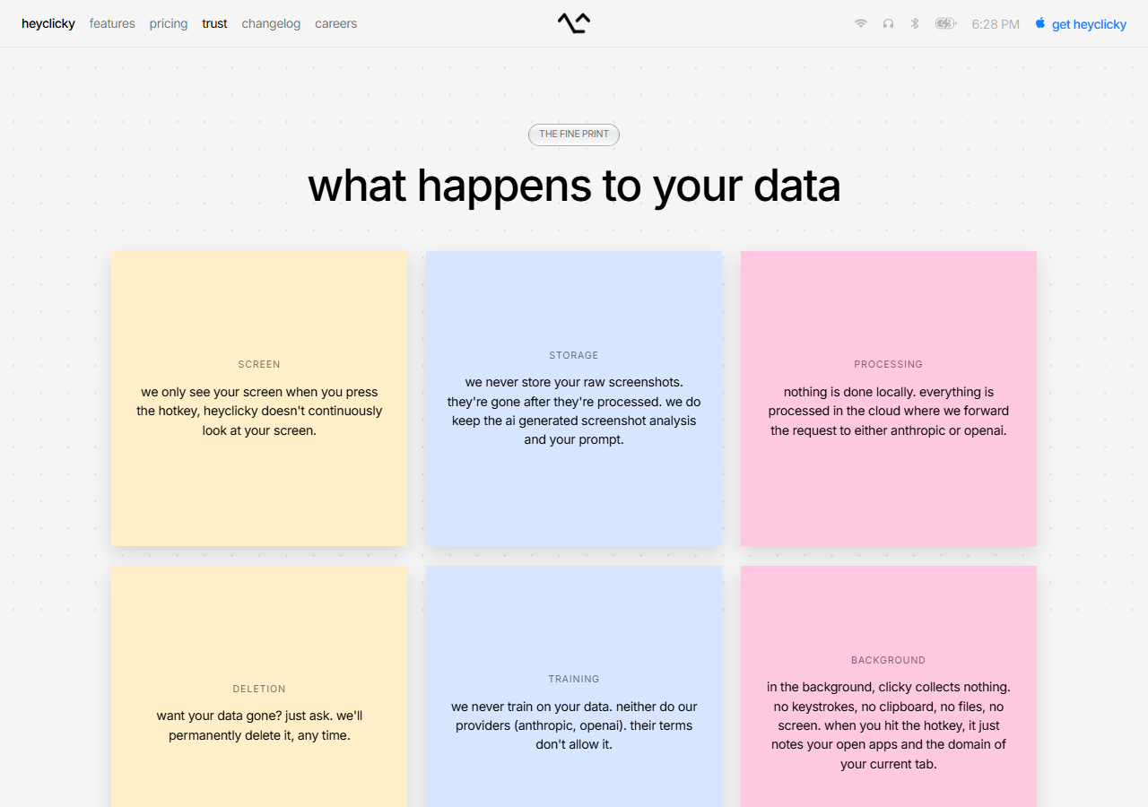 HeyClicky trust page headed what happens to your data, with cards for screen, storage, processing, deletion, training and background