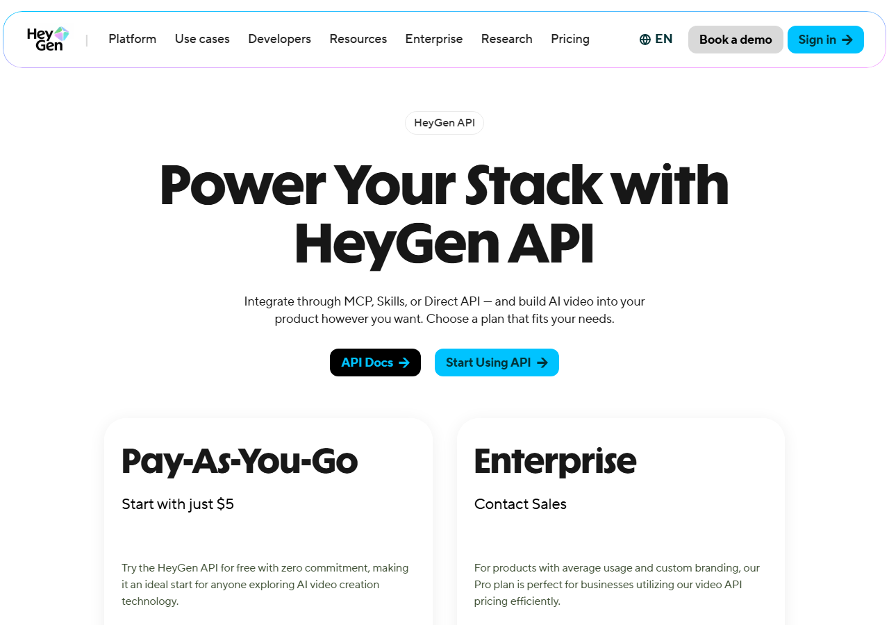 HeyGen API Pricing page showing two plans: Pay-As-You-Go starting with just $5, and Enterprise at Contact Sales, with MCP, Skills, and Direct API integration paths described above them