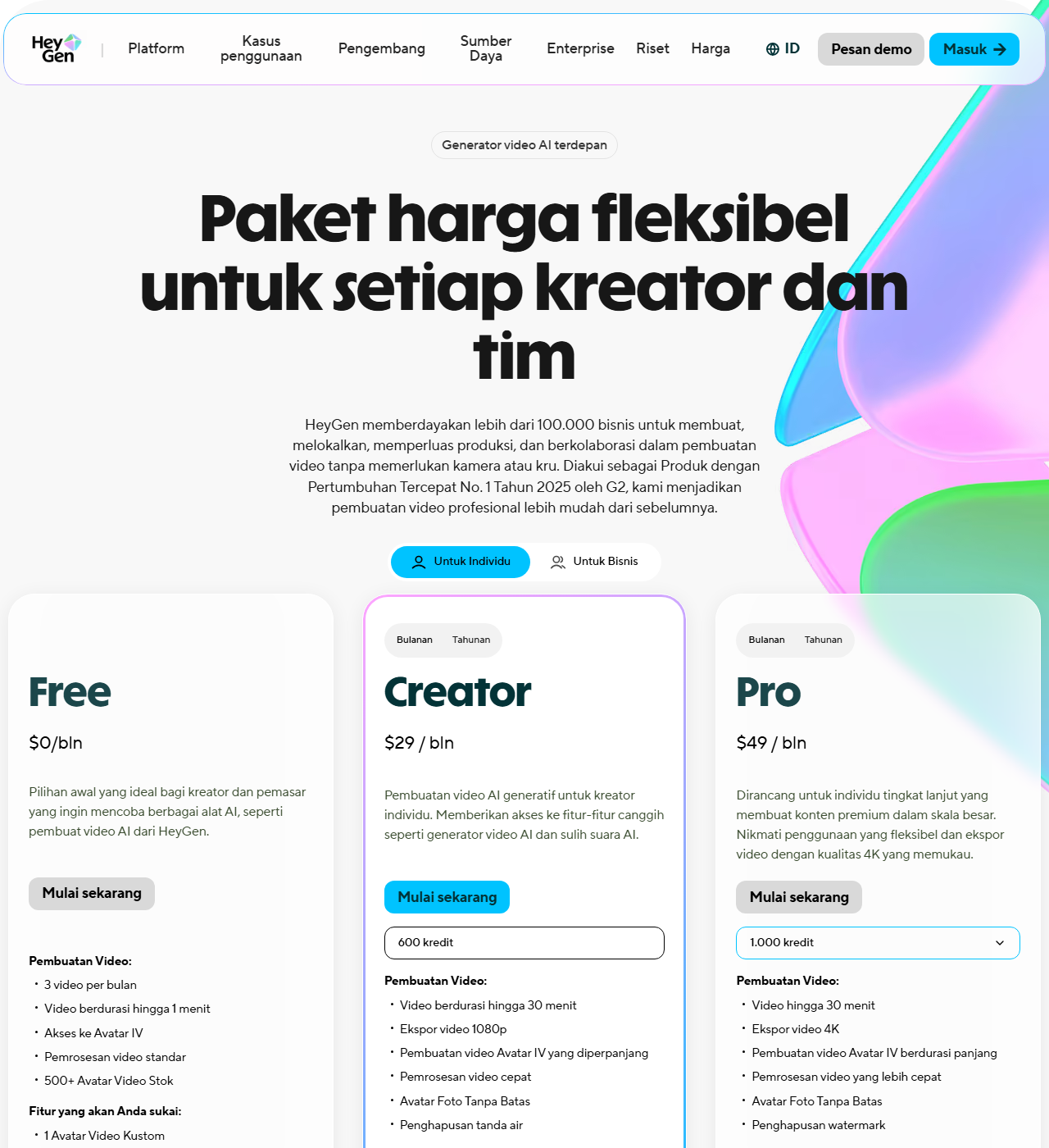 HeyGen pricing page showing Free at $0/month with videos up to 1 minute, Creator at $29/month with 600 credits, and Pro at $49/month with a selectable 1,000-credit tier
