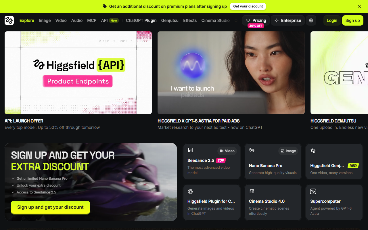 Higgsfield homepage with API, Genjutsu and GPT-6 Astra ad tiles above model cards for Seedance 2.5, Nano Banana Pro, Cinema Studio 4.0 and Supercomputer