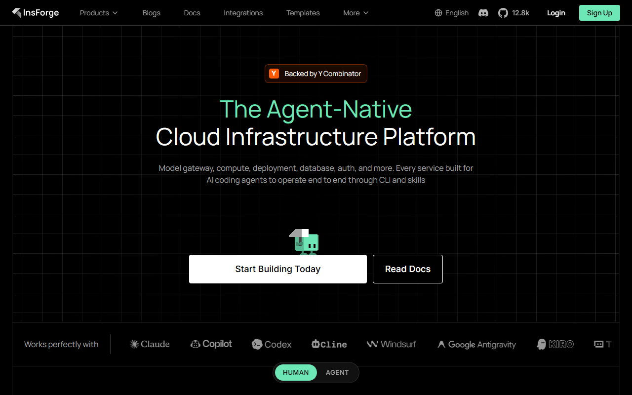 InsForge homepage showing the agent-native cloud infrastructure platform tagline and AI coding agent integrations
