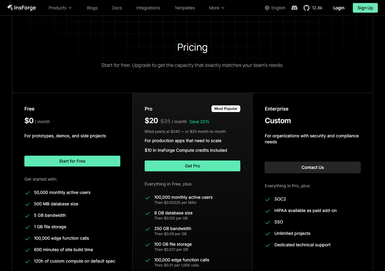InsForge pricing page showing Free, Pro and Enterprise plan tiers with feature lists