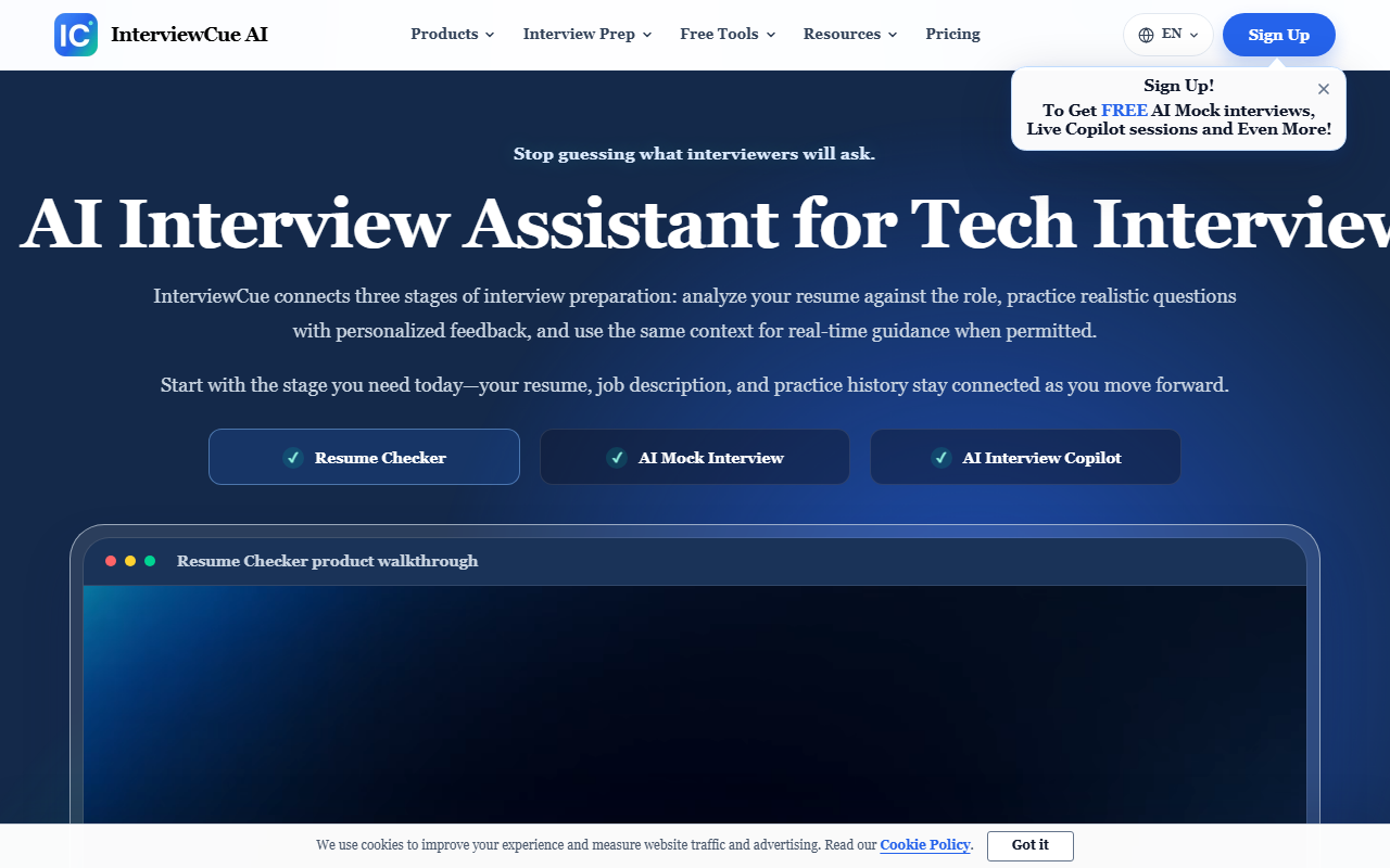 InterviewCue AI homepage hero showing the Resume Checker, AI Mock Interview and AI Interview Copilot feature buttons