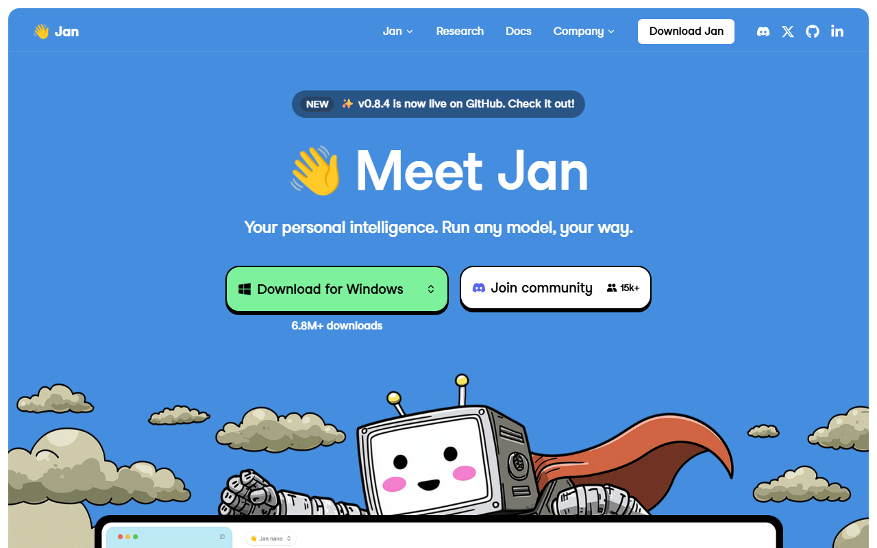 Jan homepage showing the Meet Jan headline, a Download for Windows button and a 6.8M+ downloads count