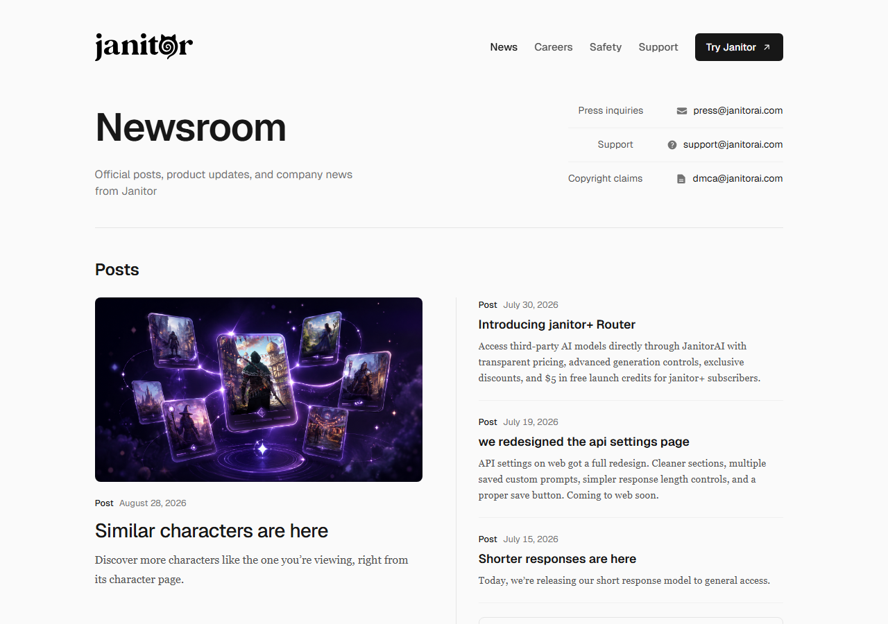Janitor newsroom index page listing recent product posts and press, support and copyright contact addresses