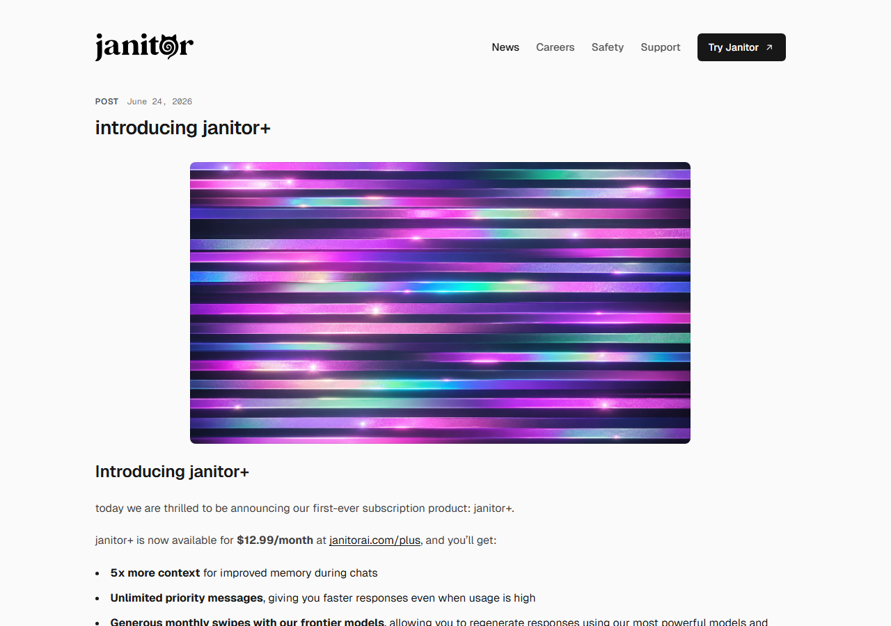 Janitor newsroom post dated 24 June 2026 announcing janitor+ at $12.99 per month with its feature list
