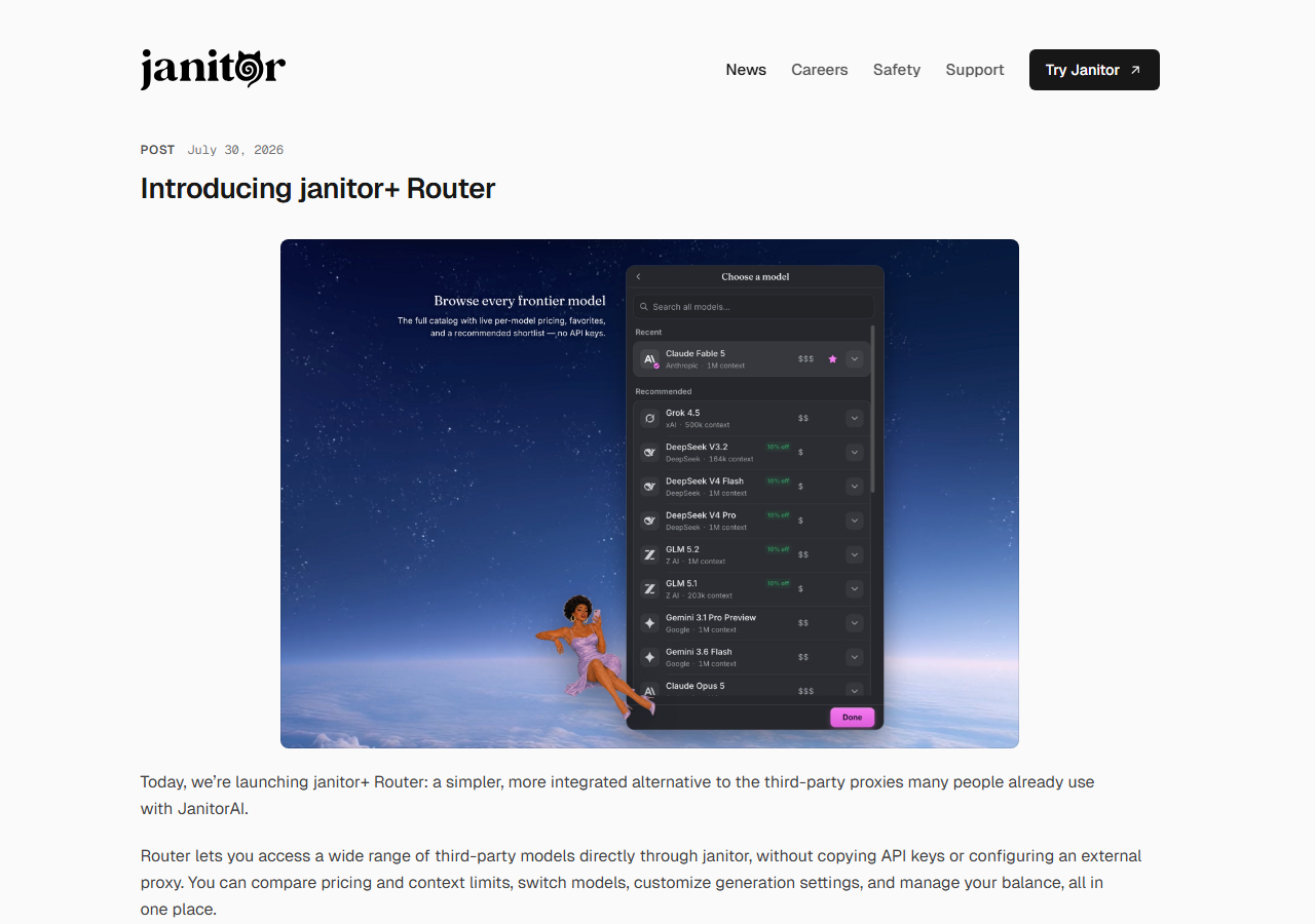 Janitor newsroom post introducing janitor+ Router, showing a model picker listing frontier models with per-model pricing and context sizes