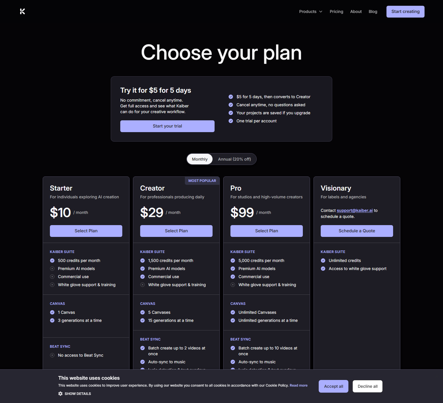 Kaiber pricing page with a five-day trial banner above four plan cards: Starter at $10, Creator at $29, Pro at $99 and Visionary by quote