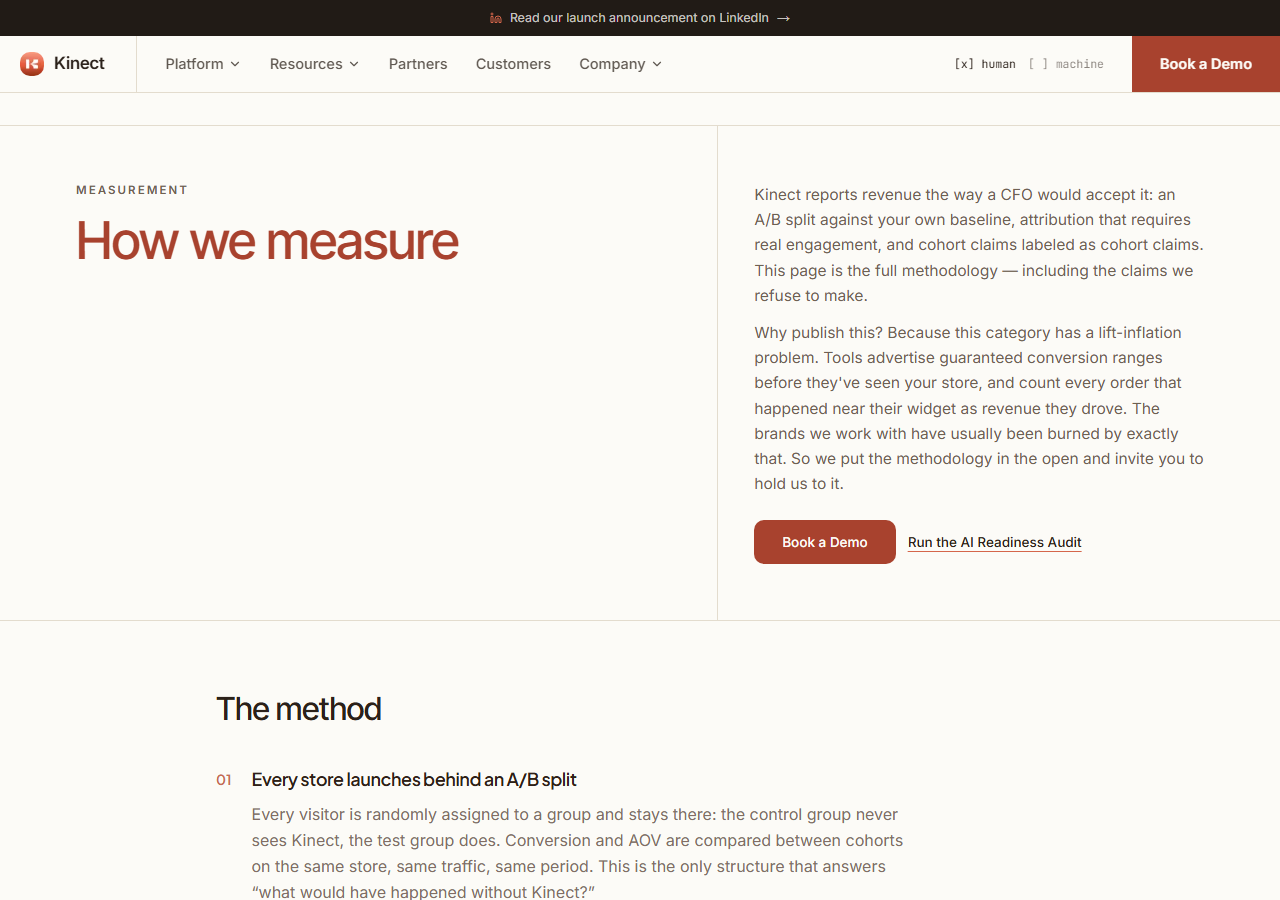 Kinect How We Measure page explaining its A/B testing methodology and refusal to advertise guaranteed conversion lift