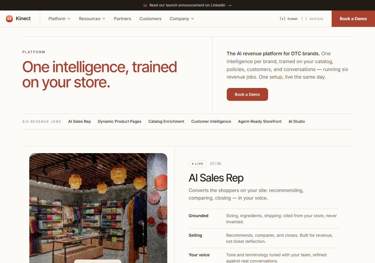 Kinect Platform page reading 'One intelligence, trained on your store' listing six revenue jobs: AI Sales Rep, Dynamic Product Pages, Catalog Enrichment, Customer Intelligence, Agent-Ready Storefront, AI Studio