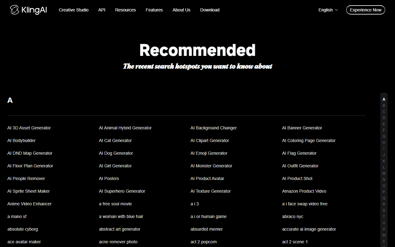 KlingAI's Generators catalog page, an A-to-Z index of dozens of specialized sub-tools like AI Product Shot, AI Sprite Sheet Maker and Amazon Product Video