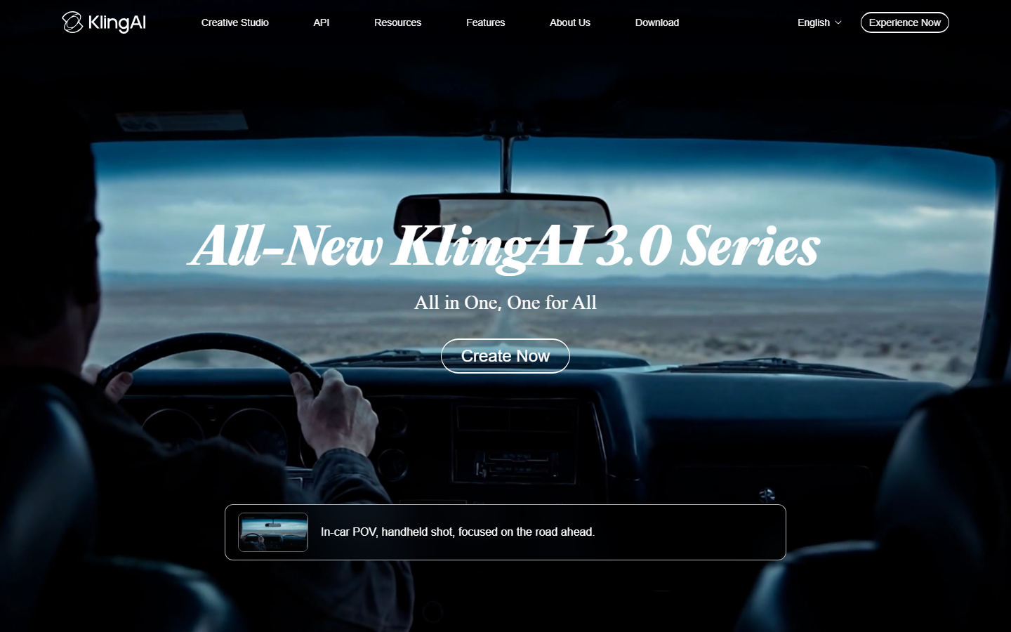 KlingAI homepage announcing the All-New KlingAI 3.0 Series with an in-car POV driving example clip