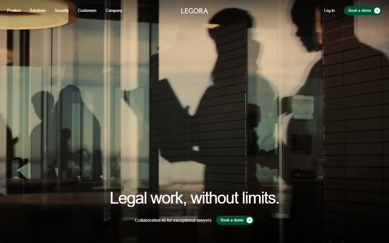 Portada de Legora con el lema "Legal work, without limits" y el botón para reservar una demo