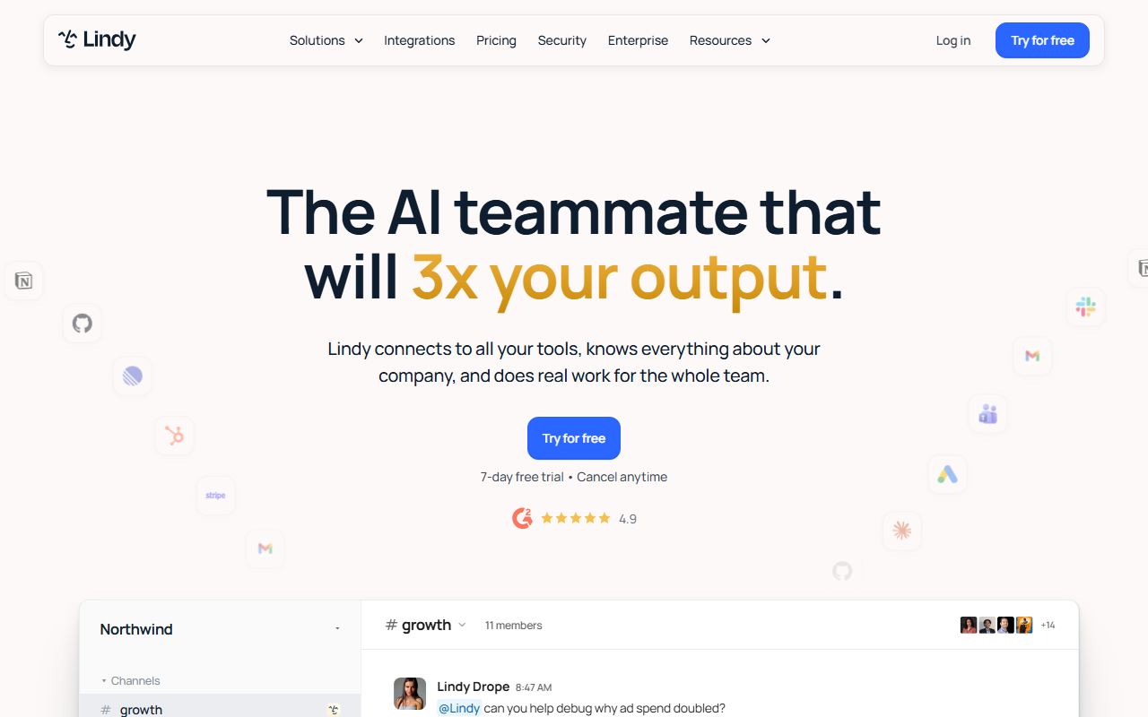 Lindy homepage hero showing the AI teammate framing, 7-day free trial CTA, G2 4.9-star rating and a live Slack channel demo