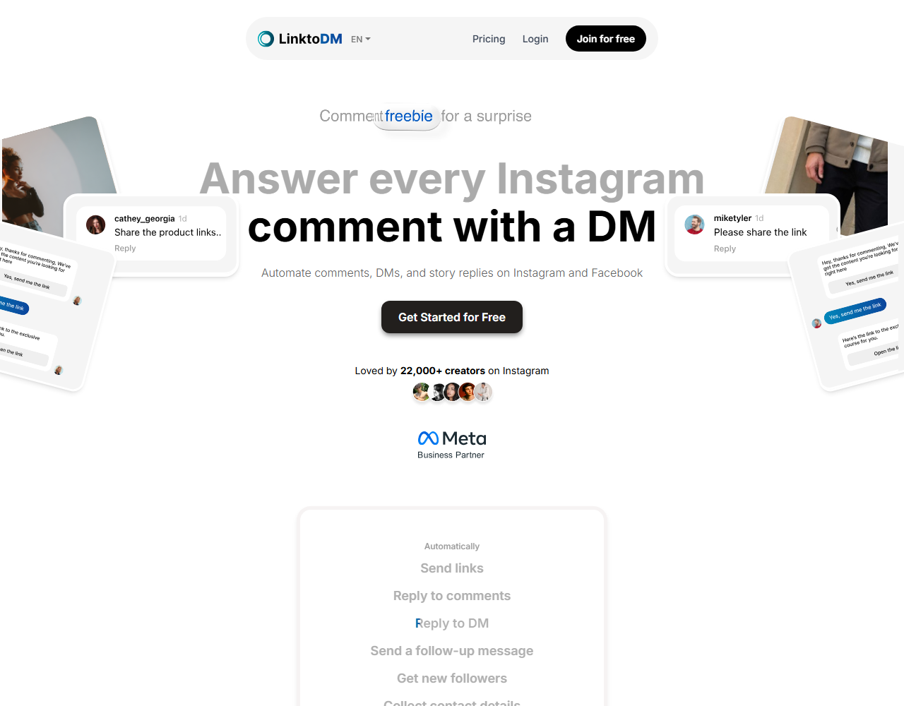 LinktoDM homepage headlined Answer every Instagram comment with a DM, surrounded by mock comment and DM threads, with a Meta Business Partner badge