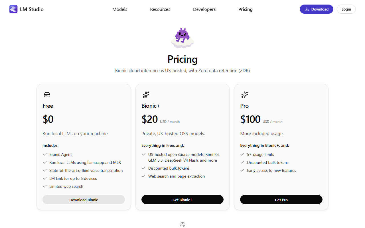 LM Studio pricing page showing Free at $0, Bionic+ at $20 a month and Pro at $100 a month