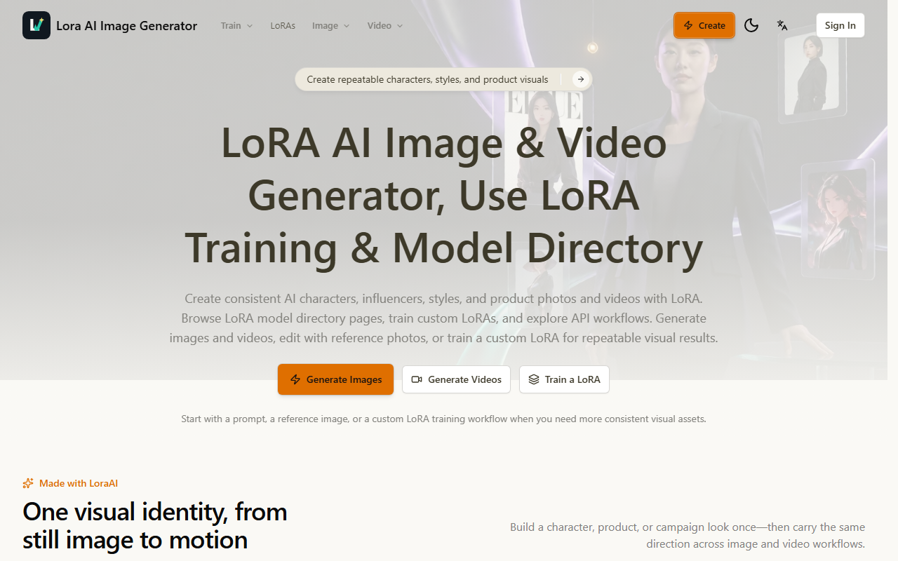 LoraAI homepage hero titled LoRA AI Image and Video Generator with Generate Images, Generate Videos and Train a LoRA buttons