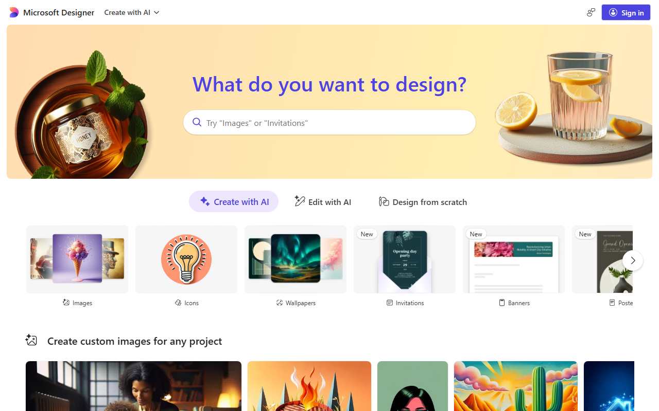 Microsoft Designer homepage with the "What do you want to design?" prompt box and template categories for Images, Icons, Wallpapers, Invitations, Banners and Posters