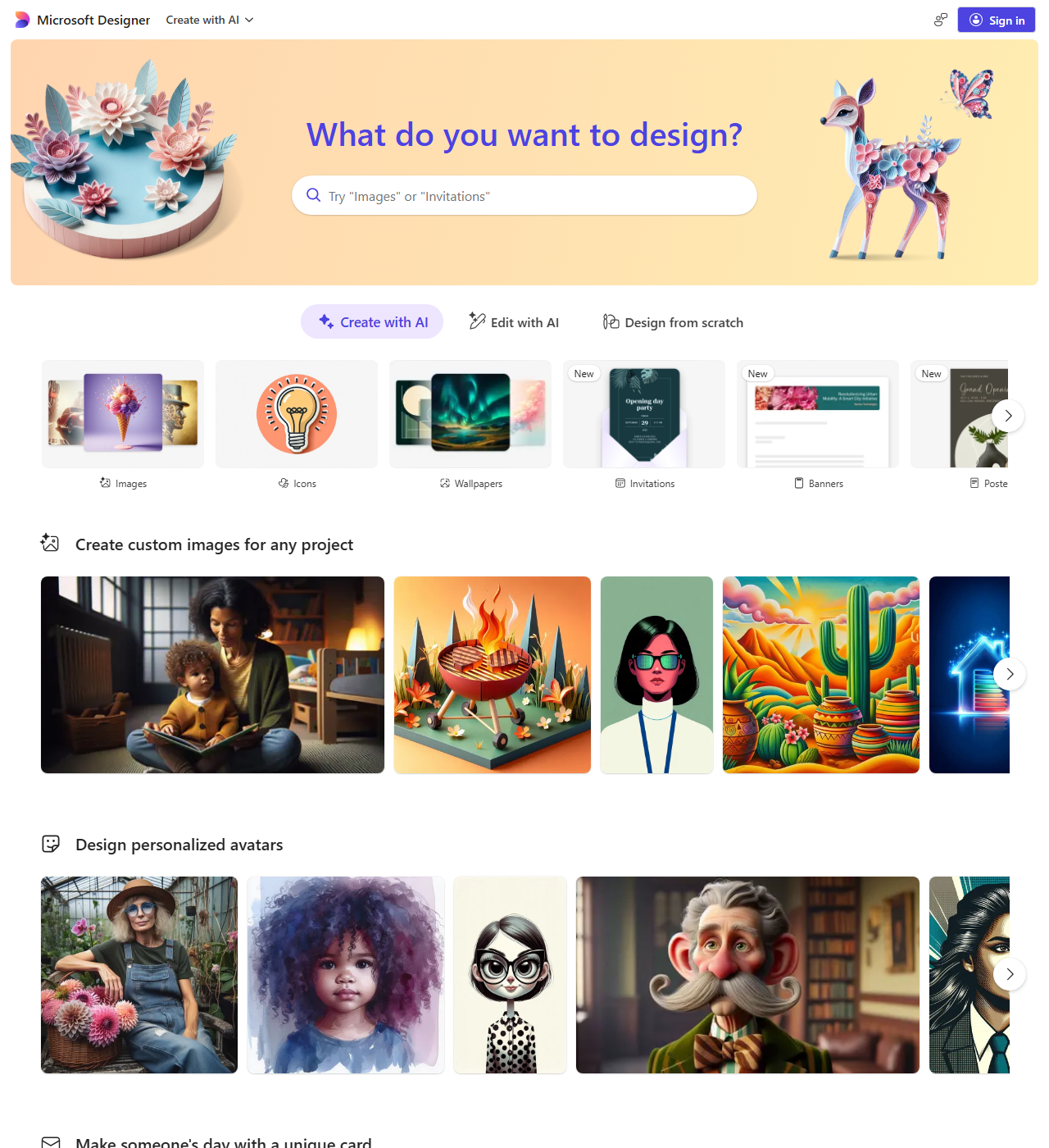 Microsoft Designer's AI-generated custom image gallery and personalized avatar examples shown on the homepage