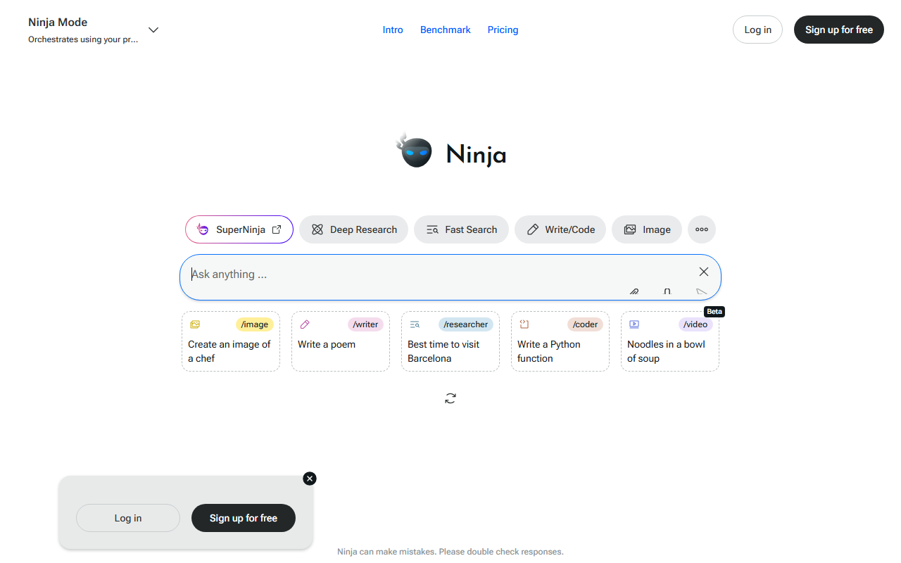 Ninja AI chat interface showing the SuperNinja, Deep Research, Fast Search, Write/Code and Image mode selector above the prompt box
