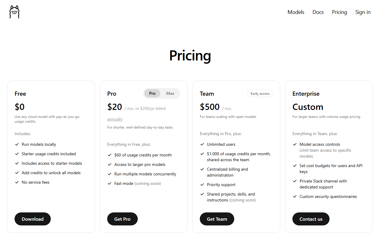 Ollama pricing page showing Free at $0, Pro at $20 a month, Team at $500 a month and a custom Enterprise plan