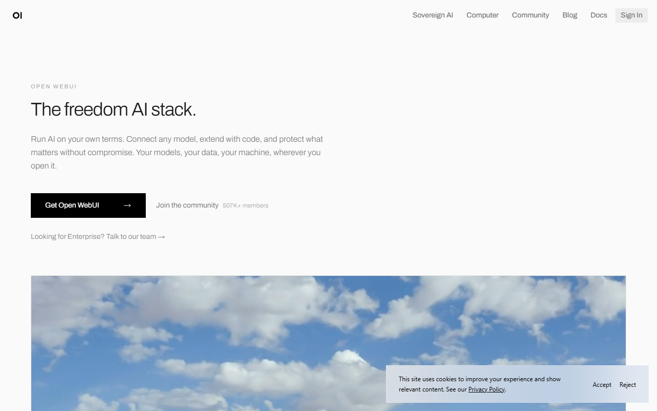 Open WebUI homepage on openwebui.com showing the headline The freedom AI stack, a Get Open WebUI button and the 507K+ member community link