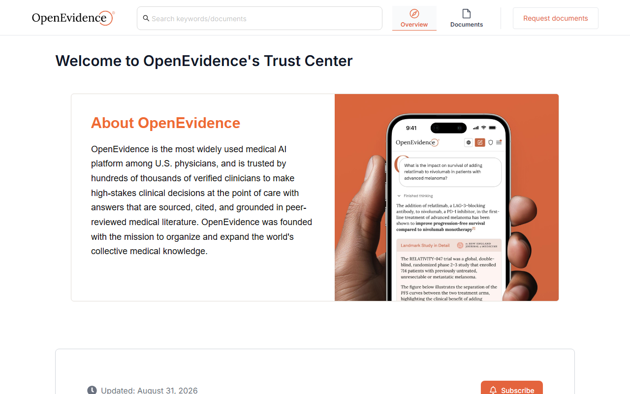 OpenEvidence Trust Center page showing an About OpenEvidence panel next to a phone mockup of the product answering a melanoma treatment question with a New England Journal of Medicine citation