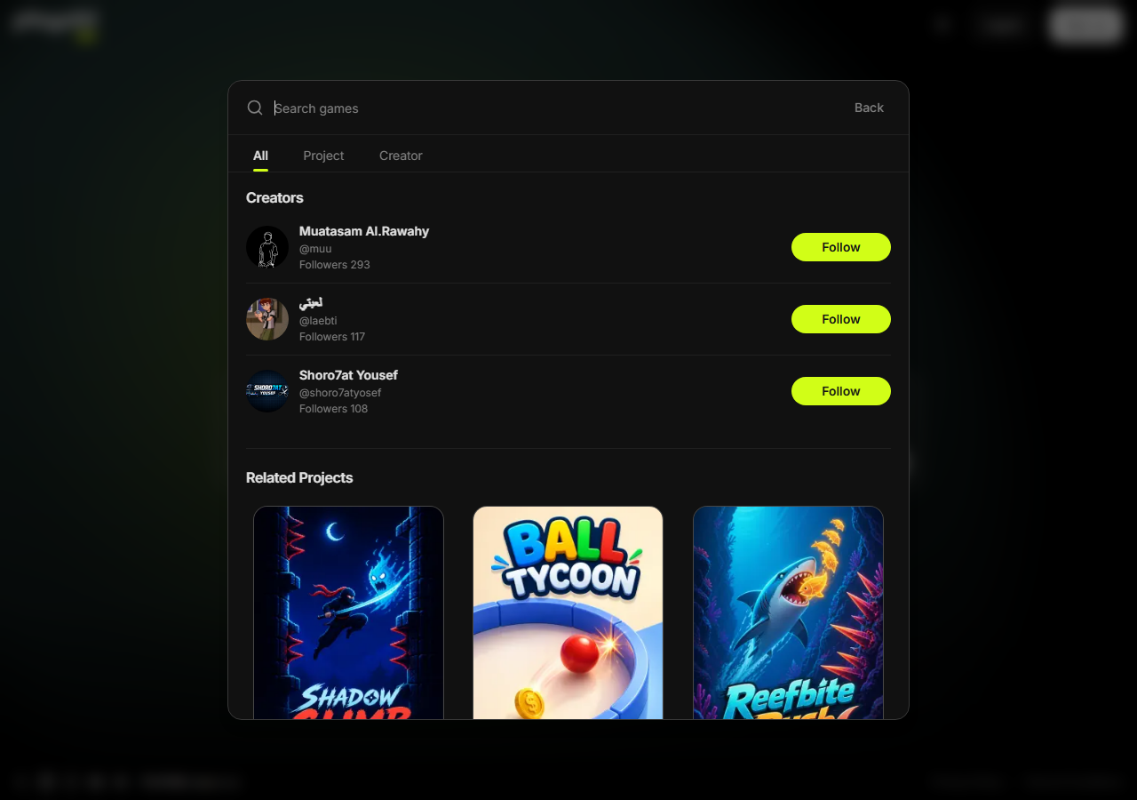 Playabl Discover panel showing a game search, creator accounts with follower counts, and thumbnails of community game projects