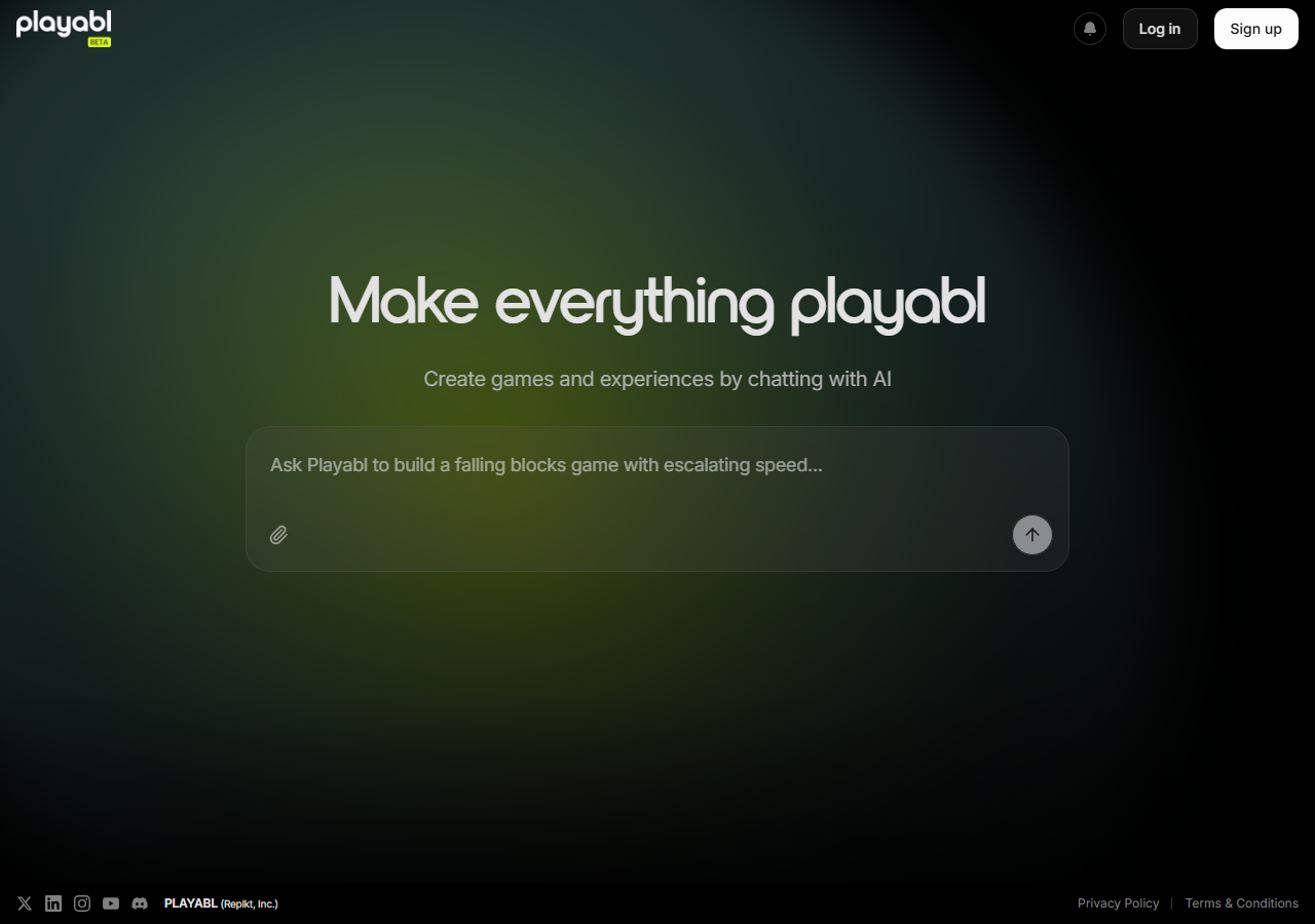 Playabl homepage with the headline Make everything playabl and a prompt box reading Ask Playabl to build a falling blocks game with escalating speed