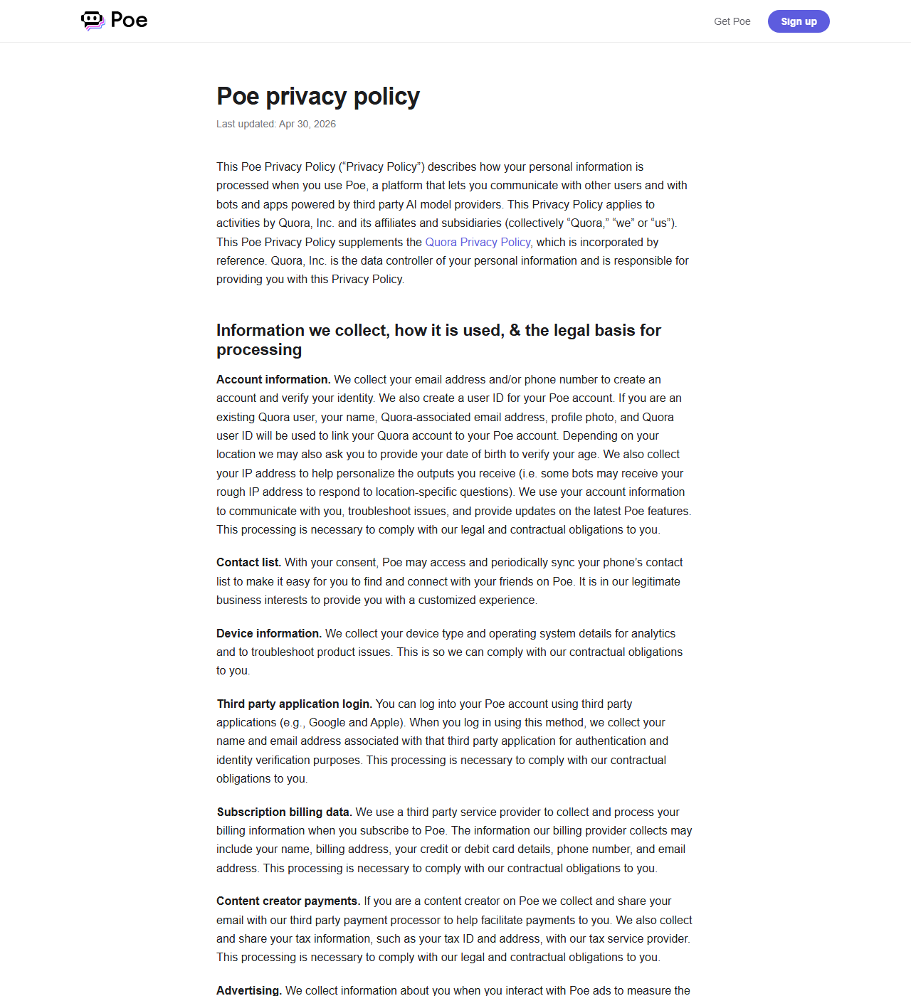 Poe privacy policy page last updated Apr 30 2026, stating that the policy applies to activities by Quora, Inc. and its affiliates and that Quora, Inc. is the data controller, with sections on account information, contact list access, device information, third party application login, subscription billing data and content creator payments