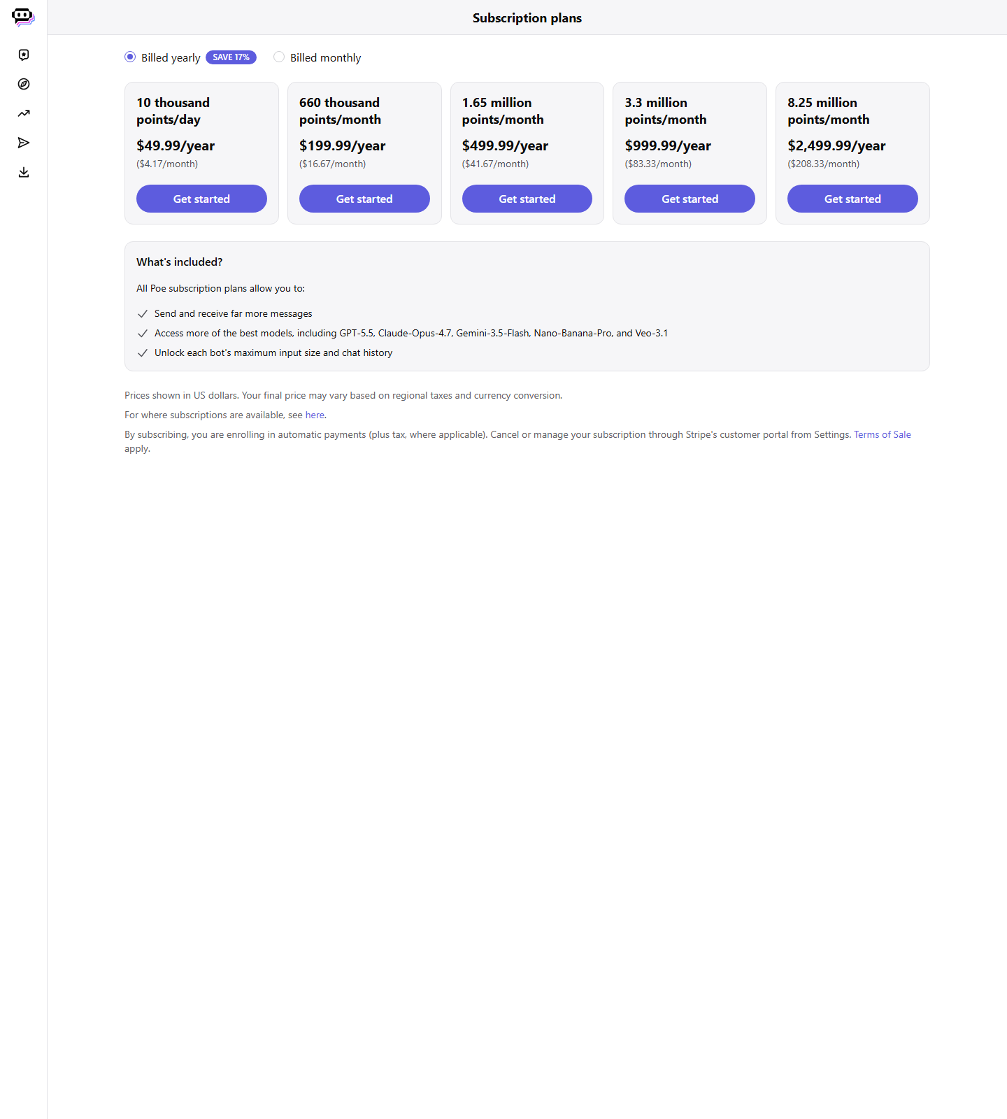 Poe subscription plans page with a Billed yearly toggle badged SAVE 17%, showing five plan cards labelled only by allowance — 10 thousand points/day at $49.99/year, 660 thousand points/month at $199.99/year, 1.65 million points/month at $499.99/year, 3.3 million points/month at $999.99/year and 8.25 million points/month at $2,499.99/year — above a What's included panel listing access to GPT-5.5, Claude-Opus-4.7, Gemini-3.5-Flash, Nano-Banana-Pro and Veo-3.1