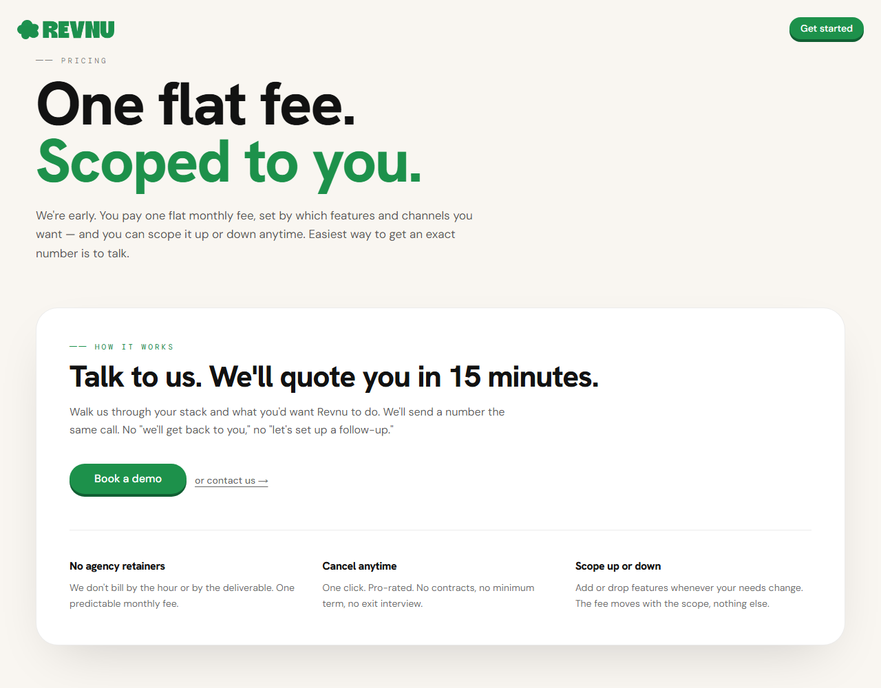 Revnu pricing page headlined One flat fee, Scoped to you, describing a flat monthly fee quoted on a 15-minute call, with No agency retainers, Cancel anytime, and Scope up or down panels