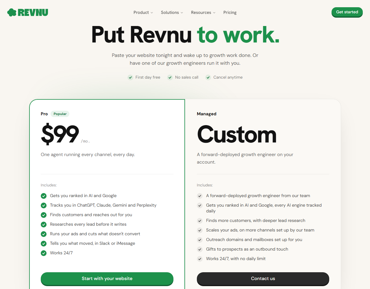 Página de precios de Revnu con el plan Pro a $99 al mes junto al plan Managed de precio a medida. Muestra las etiquetas «primer día gratis», «sin llamada comercial» y «cancela cuando quieras»