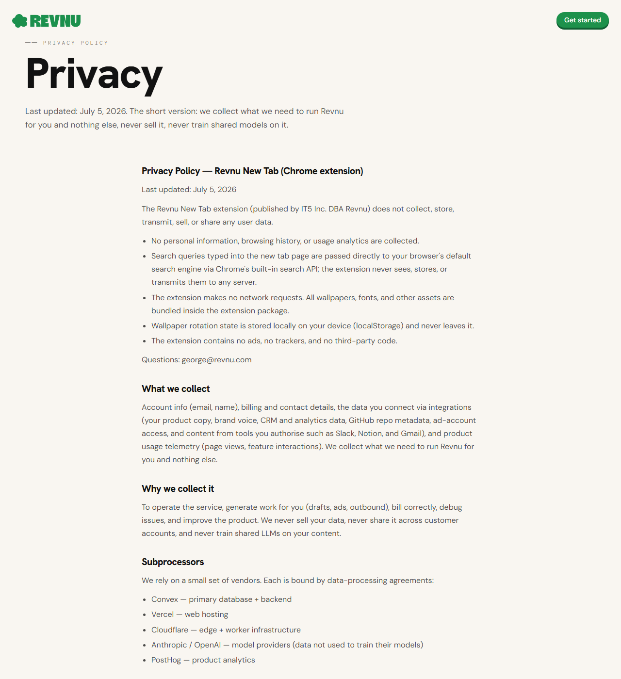 Revnu privacy policy page listing what data is collected, why, and a Subprocessors section naming Convex, Vercel, Cloudflare, Anthropic/OpenAI, and PostHog