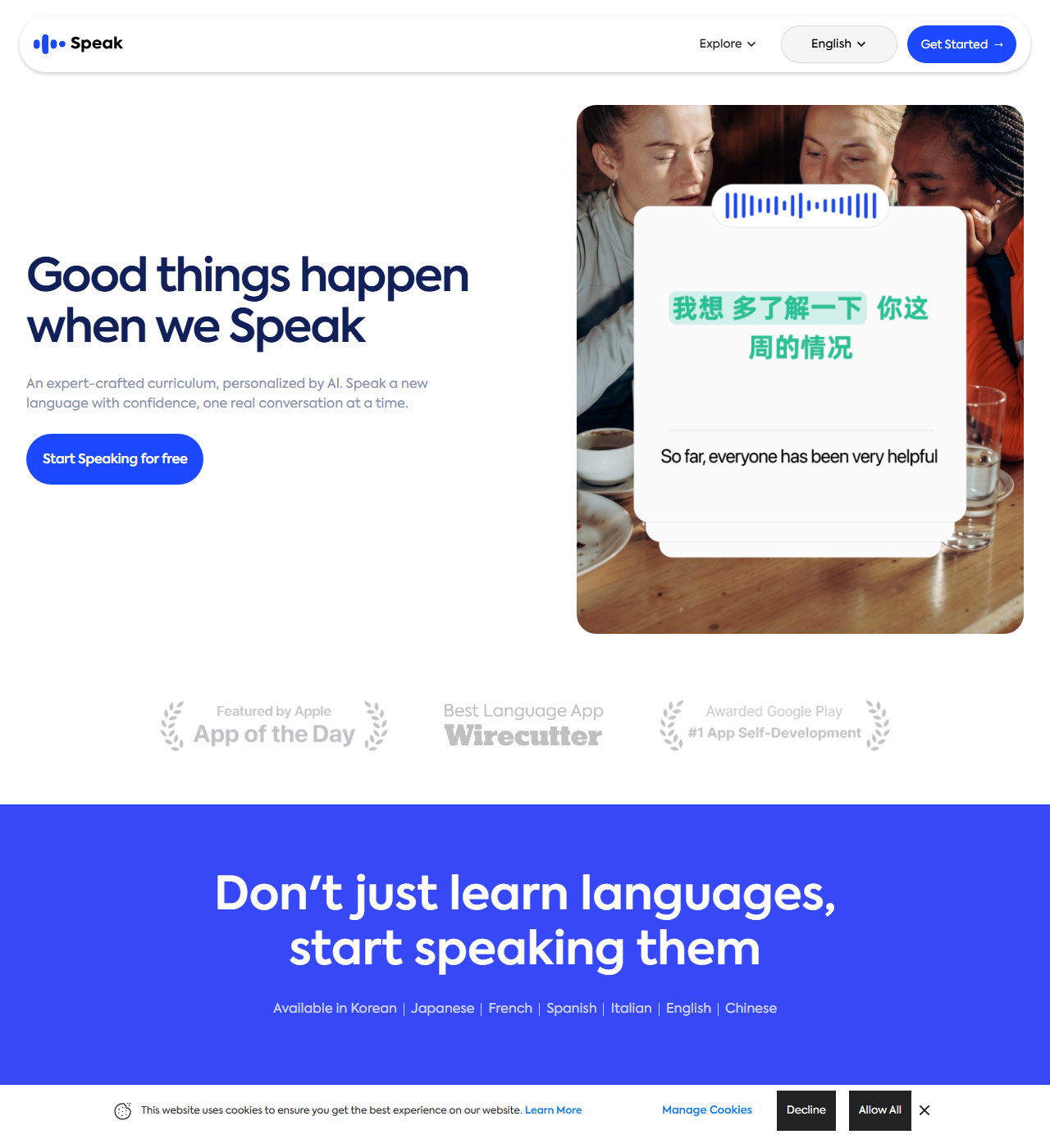 Speak homepage headlined Good things happen when we Speak, with the line an expert-crafted curriculum personalized by AI and a Start Speaking for free button, award badges for Apple App of the Day, Wirecutter Best Language App and Google Play number 1 App Self-Development, and a language row reading Available in Korean, Japanese, French, Spanish, Italian, English, Chinese