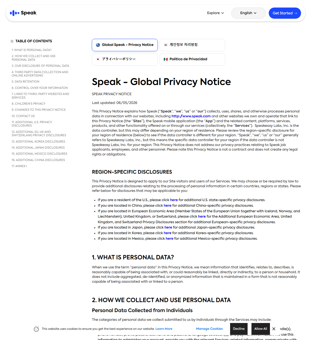 Speak Global Privacy Notice last updated 06/05/2026, naming Speakeasy Labs, Inc. as the data controller and listing region-specific disclosures for the United States, China, the European Economic Area, United Kingdom and Switzerland, Japan, Korea and Mexico, with a table of contents covering how personal data is collected and used, disclosure, data retention and children's privacy