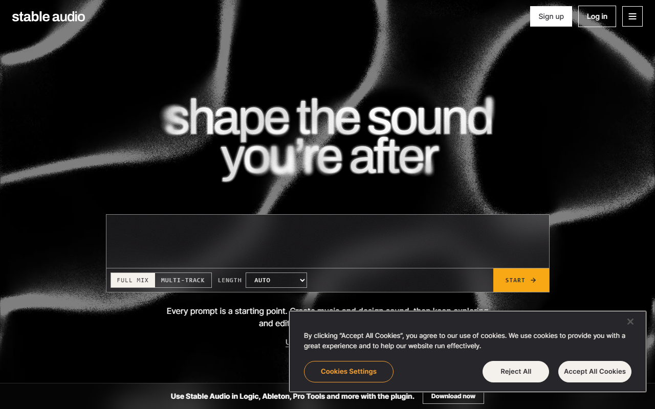 Stable Audio homepage prompt bar with Full Mix, Multi-Track, and Length controls above the Start button