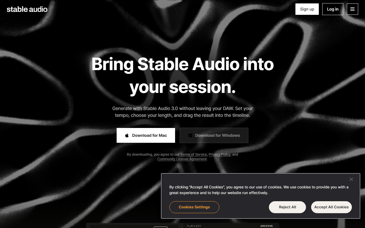 Stable Audio DAW plugin download page with separate buttons for Mac and Windows