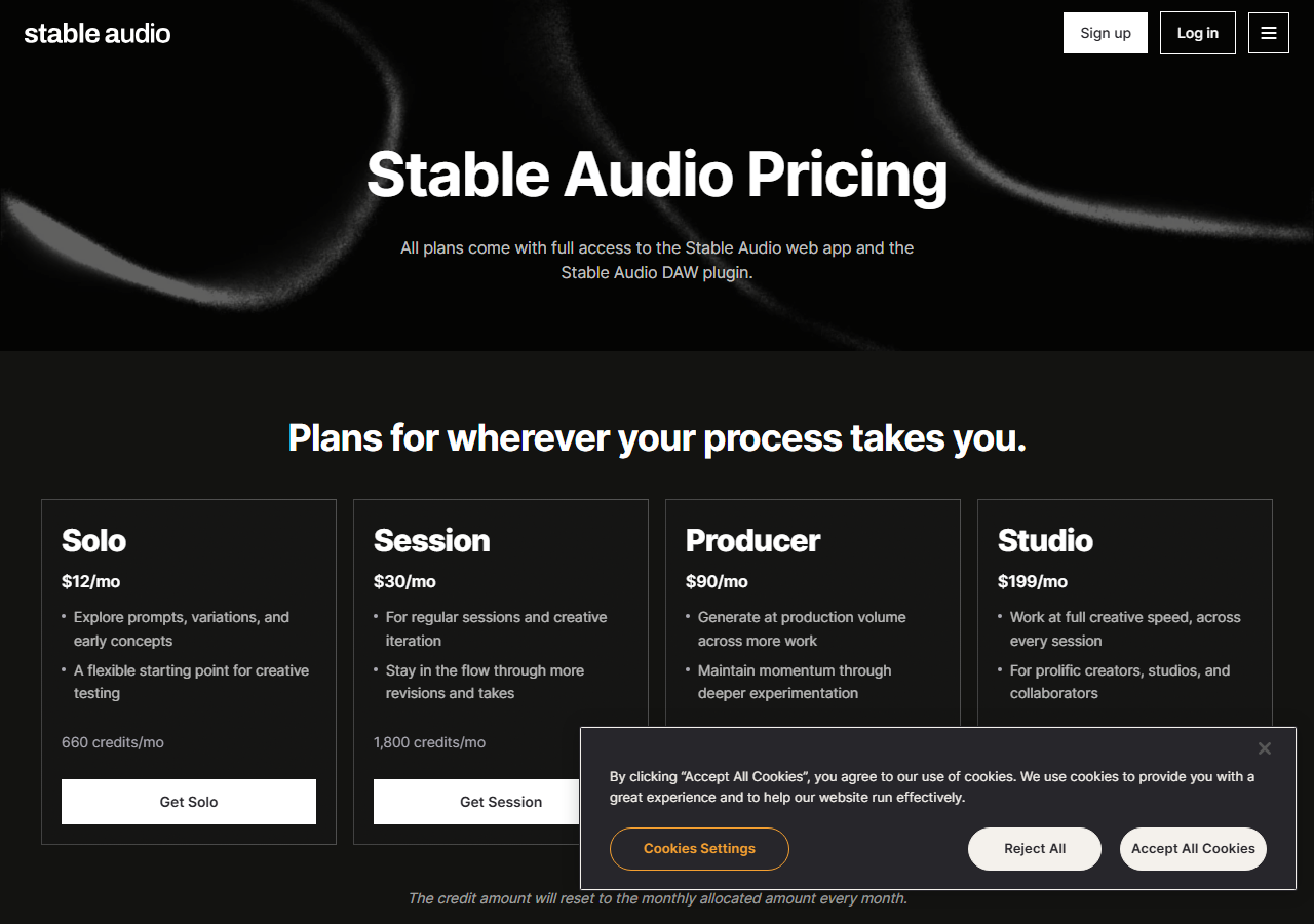 Stable Audio pricing page showing the Solo $12/mo, Session $30/mo, Producer $90/mo, and Studio $199/mo subscription tiers with their monthly credit allowances
