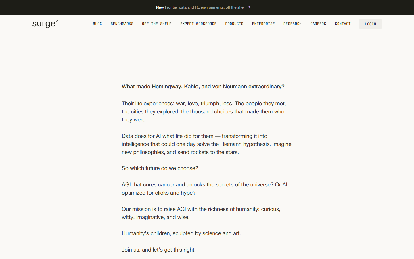 Surge AI homepage mission statement on raising AGI with human data, with Blog, Benchmarks, Off-the-Shelf, Expert Workforce and Enterprise nav links