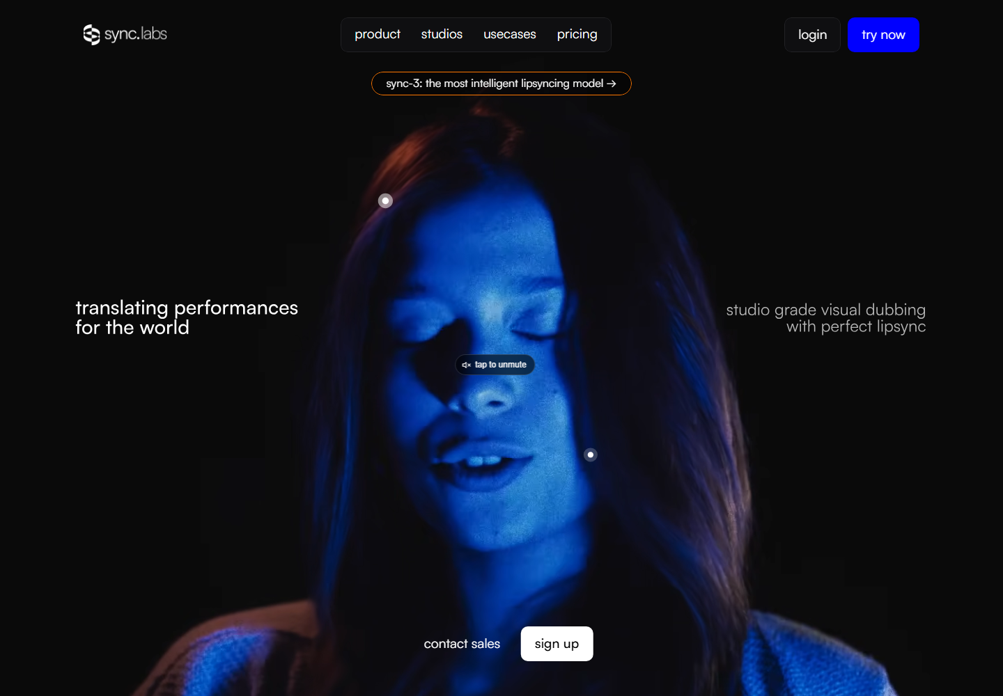 Sync Labs homepage headlined translating performances for the world and studio grade visual dubbing with perfect lipsync, with a banner announcing sync-3 as the most intelligent lipsyncing model over a full-screen video of a face being dubbed