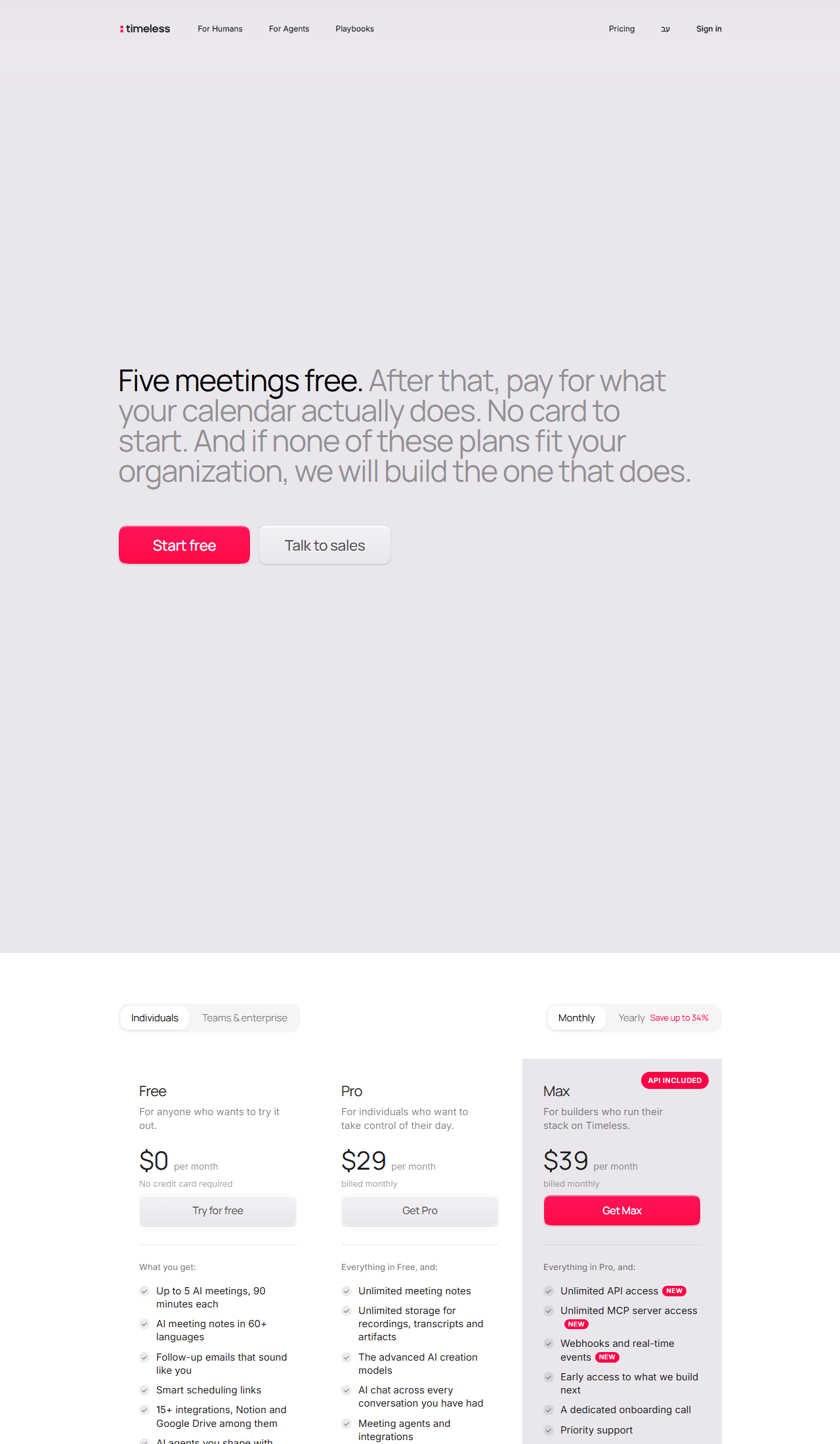 Timeless pricing page headlined Five meetings free, with Individuals and Teams & enterprise tabs and a Monthly / Yearly toggle marked Save up to 34%, showing Free at $0 per month with no credit card required and up to 5 AI meetings of 90 minutes each, Pro at $29 per month billed monthly with unlimited meeting notes and storage, and Max at $39 per month billed monthly with unlimited API access and unlimited MCP server access