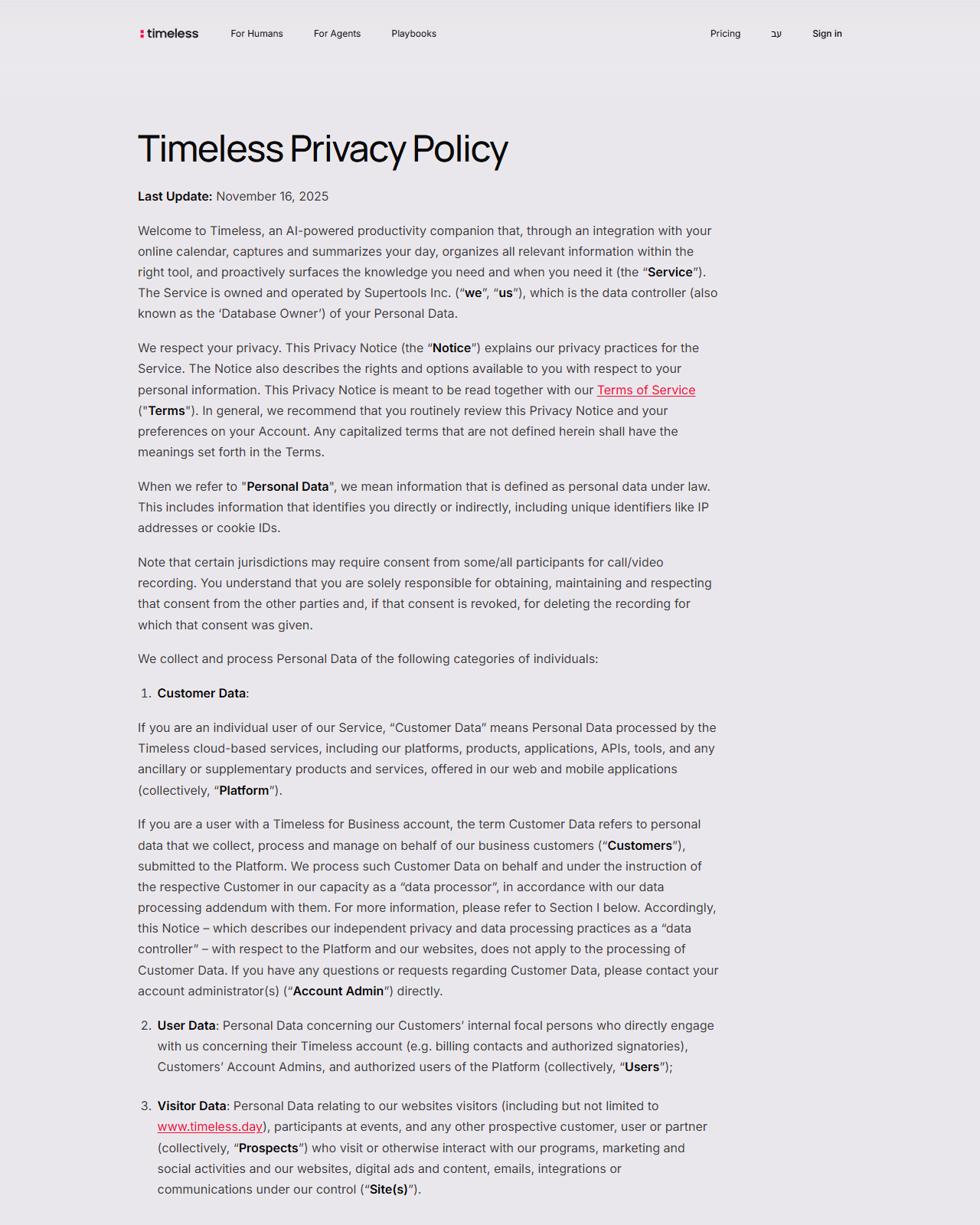 Timeless Privacy Policy page dated Last Update November 16 2025, stating the Service is owned and operated by Supertools Inc. and that certain jurisdictions may require consent from participants for call or video recording, with the user solely responsible for obtaining, maintaining and respecting that consent and for deleting the recording if consent is revoked