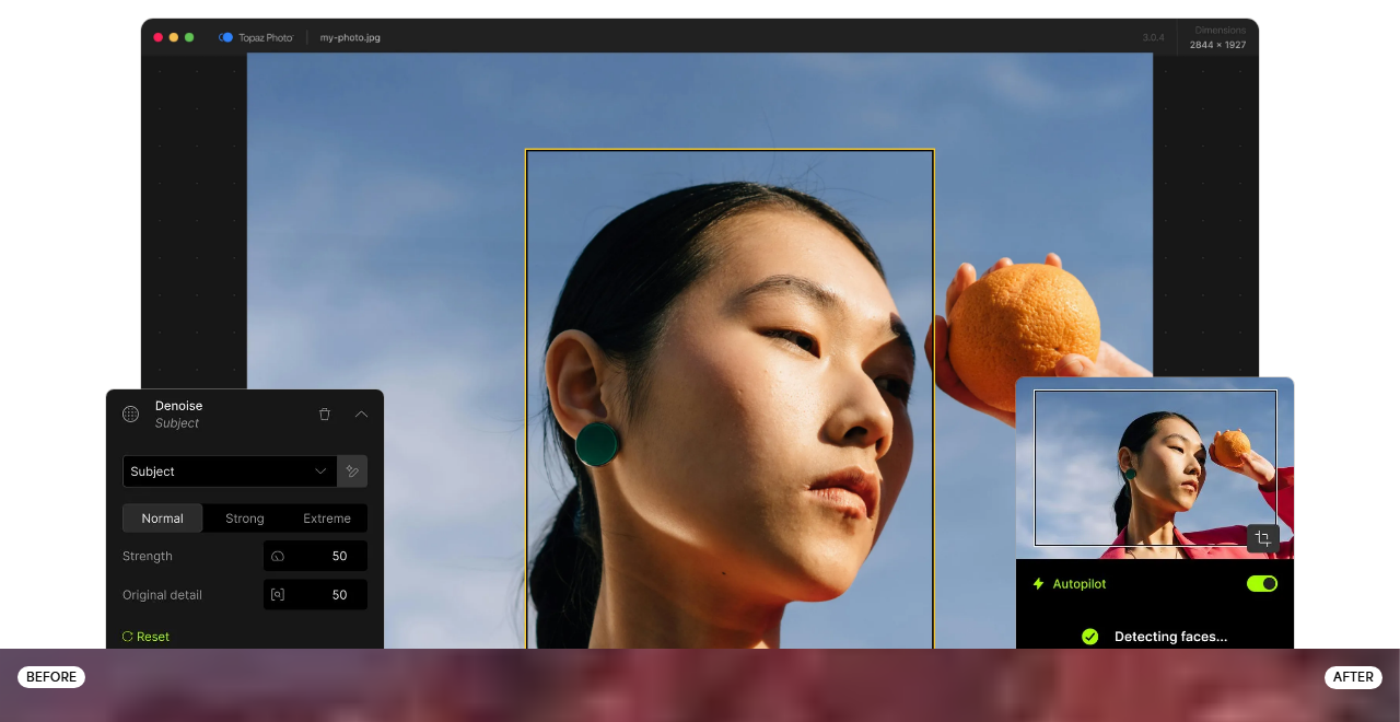 Topaz Photo AI desktop interface showing a Denoise Subject panel with Strength and Original detail sliders at 50, next to a portrait being edited, with an Autopilot toggle detecting faces in the corner
