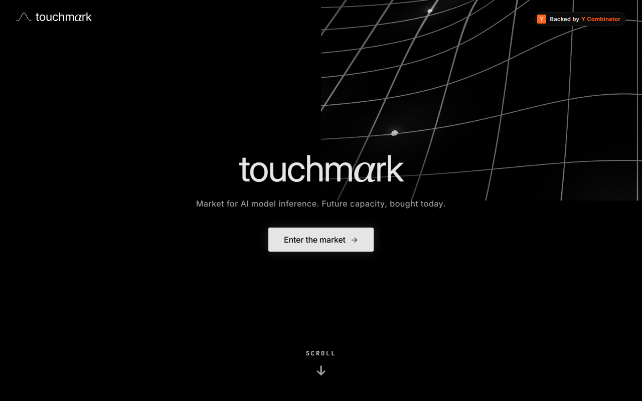 Touchmark homepage hero reading Market for AI model inference with the Enter the market call to action