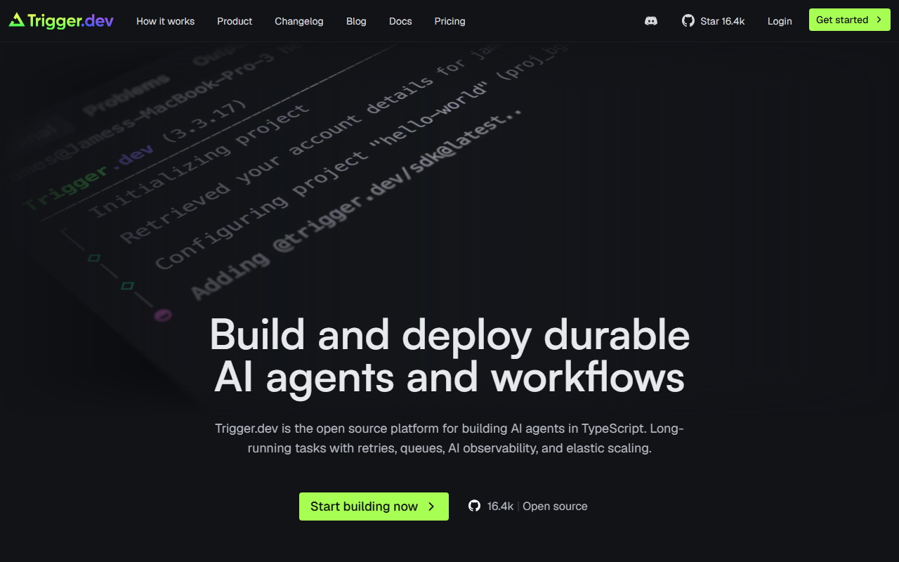 Trigger.dev homepage headlined 'Build and deploy durable AI agents and workflows' with a live CLI terminal animation and 16.4k GitHub stars