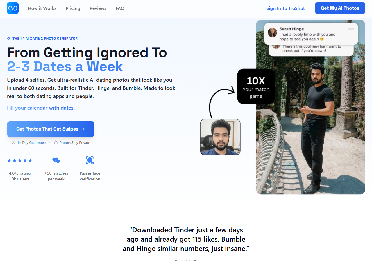 TruShot homepage showing a selfie turned into a dating profile photo with a 4.8 out of 5 rating badge