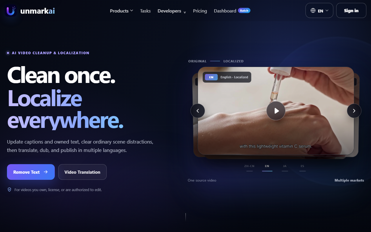 UnmarkAI homepage hero showing the clean-once localize-everywhere product preview