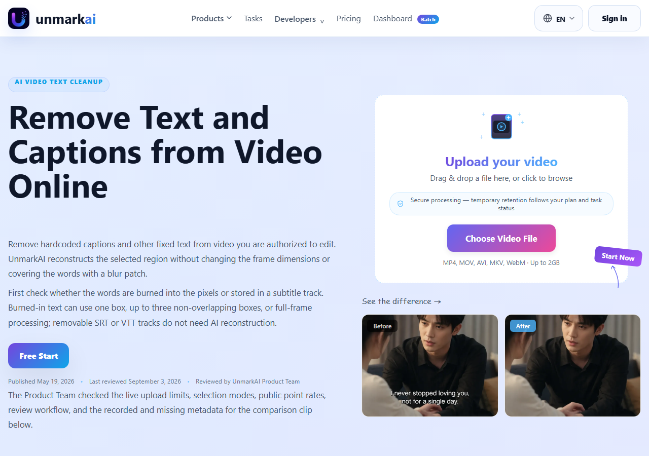 UnmarkAI video text remover before and after caption removal comparison